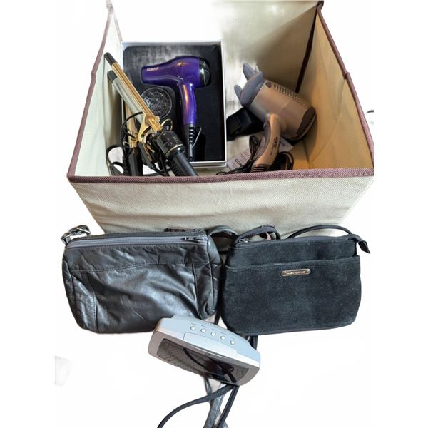 Personal Care and Accessories Lot Including curling irons blow dryers tote bags