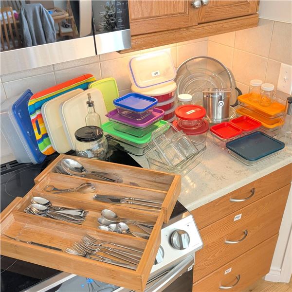 Pyrex Glass Kitchen Containers, Cutlery, and