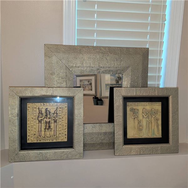 Framed Egyptian Motif Wall Hangings - 3D Shadow Box Scriptures w/ Decorative Mirror 20x20