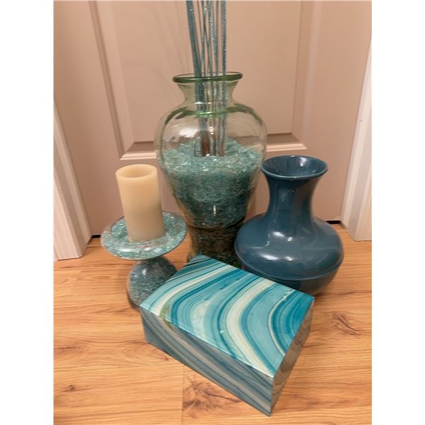 Decorative Vase, Candle Holder, and Jewelry Box Set. Teal Tiffany Green