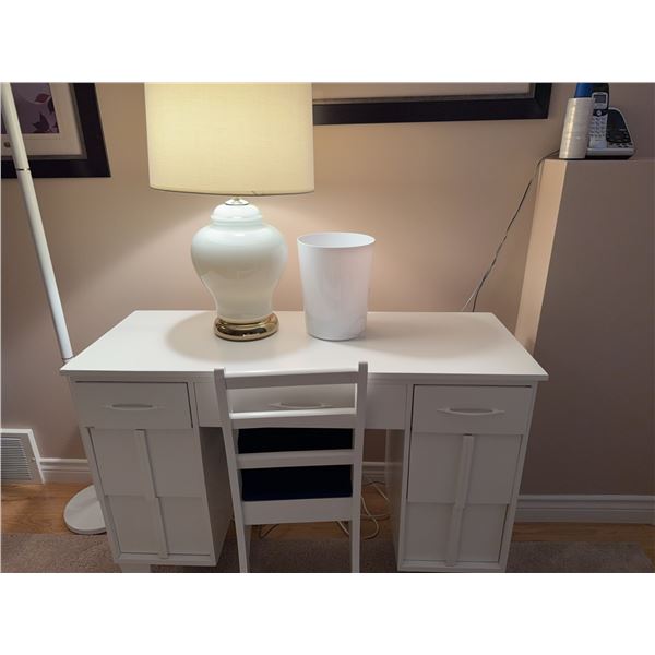 White Wood Desk with Chair, Lamp, and Wasteb
