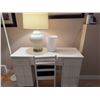 Image 1 : White Wood Desk with Chair, Lamp, and Wasteb