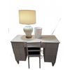 Image 2 : White Wood Desk with Chair, Lamp, and Wasteb