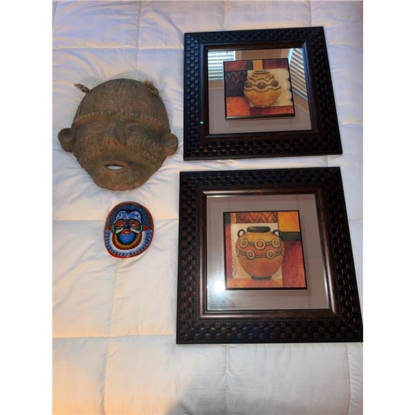 2 Framed Pottery Prints and 2 Masks