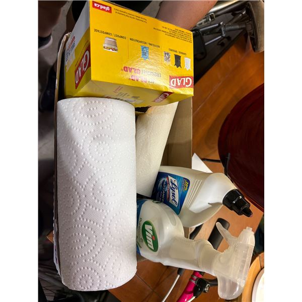 Paper towel, towels, cleaners, and garbage bags