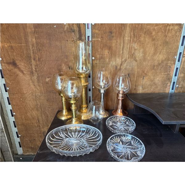 Vintage Metal Candle Holders with Pinwheel Crystal Serving Dishes