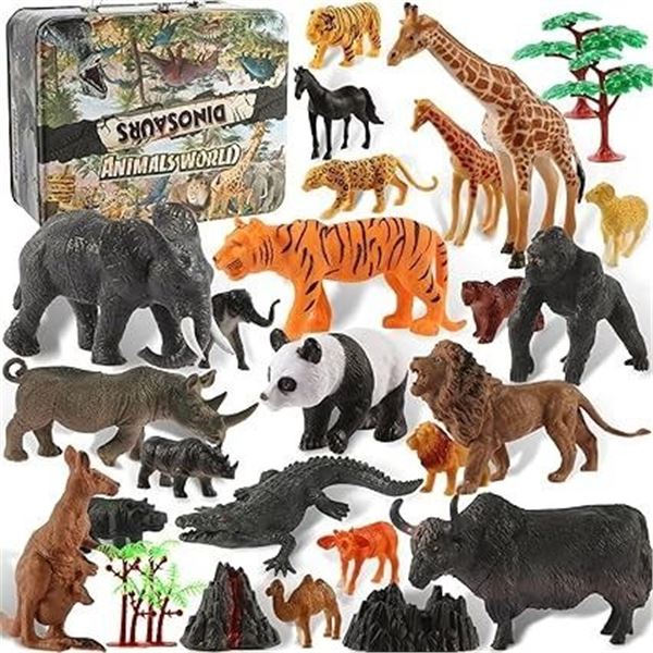 30pcs Jungle Safari Animals Figures/Toy Play Set with Metal Lunchbox/Storage Box - New
