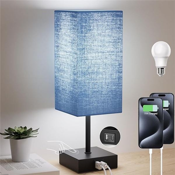 Touch Bedside Table Lamp; Dimmable w/ USB C+A Charging Base; LED Bulb Included (Navy Blue) New