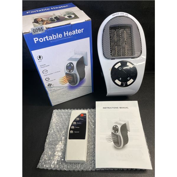 Portable Electric Heater (500W) With Remote - Plugs Into Outlet; 2-Speeds, Timer Function - New