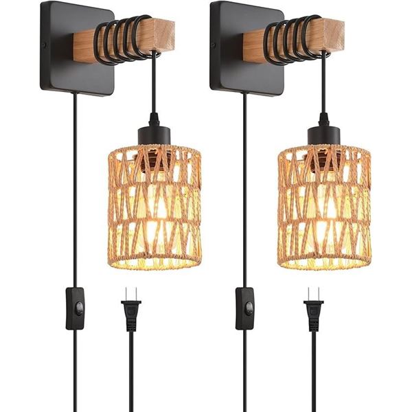 Set of 2 Rustic Farmhouse Design Rattan Hanging Wall Sconce Lights (Plug-In Design) - New!
