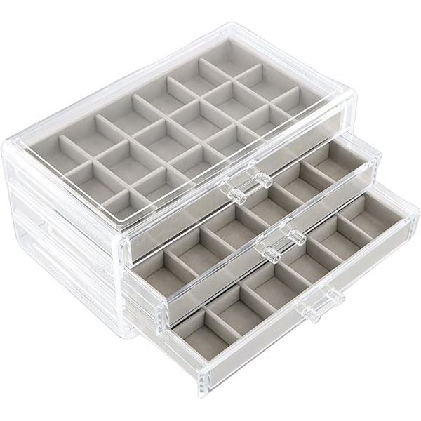 3-Drawer Clear Acrylic Jewelry Box Holder - Great for Rings, Earrings, etc. - New
