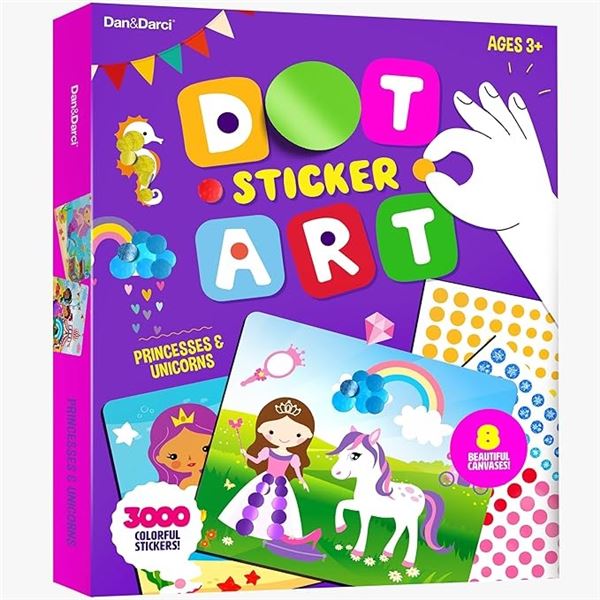 Dan&Darci Princess & Unicorns Dot Sticker Art Play Set for Kids; 8 Canvases with 3000 Stickers; New