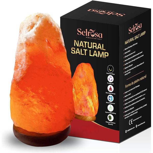 Selrosa Himalayan Salt Lamp (5-7lbs) Hand-Carder Natural Pink Crystal Rock w/ Wooden Base - New!