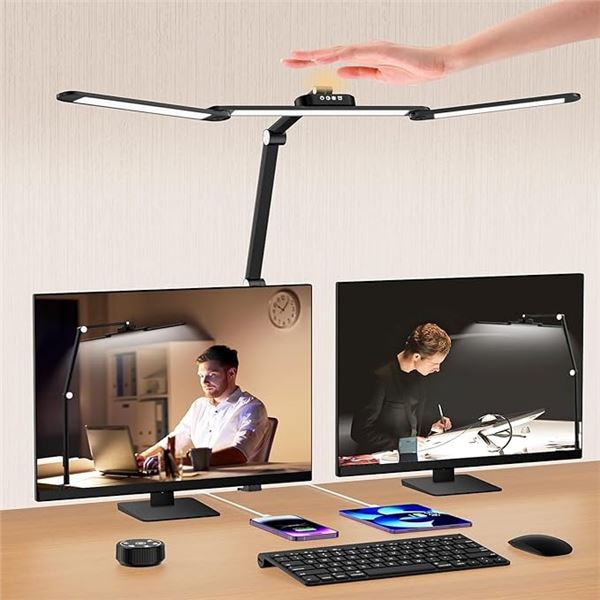 LED Architect Triple-Head Desk Lamp with Gesture Control & Remote; Charging Ports, Clamp Design; New