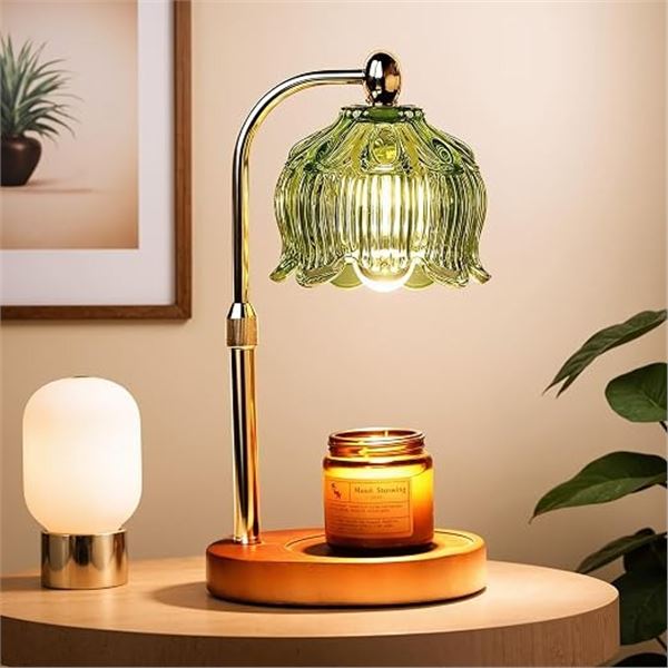 Electric Candle Warmer Lamp w/ Glass Shade & Walnut Wood Base, 2x Bulbs Included, Adjustable Height