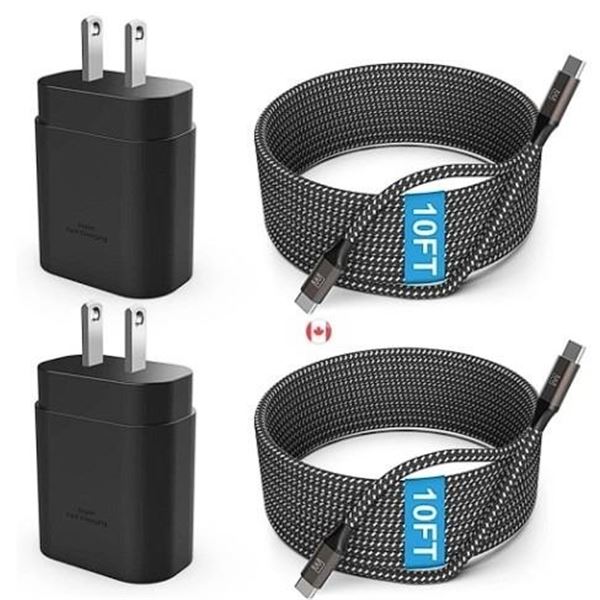 2-Pack 25W USB-C Fast Chargers with 10FT Braided Charging Cords (2x Cords, 2x 25W Blocks) New!