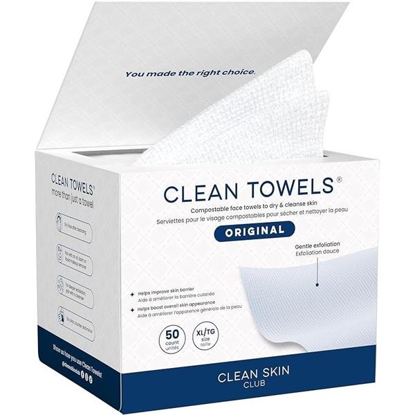 50PC Box of XL Clean Towels; Dermatologist-Approved Compostable Face Towels - Ultra Soft - New