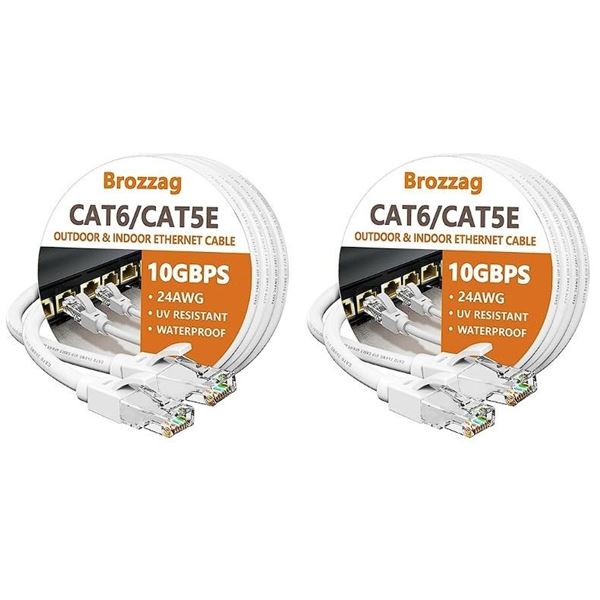 2-Packs of 25FT 10GBPS 24AWG CAT6 Outdoor & Indoor Ethernet Cables; Waterproof/UV Resistant - NEW