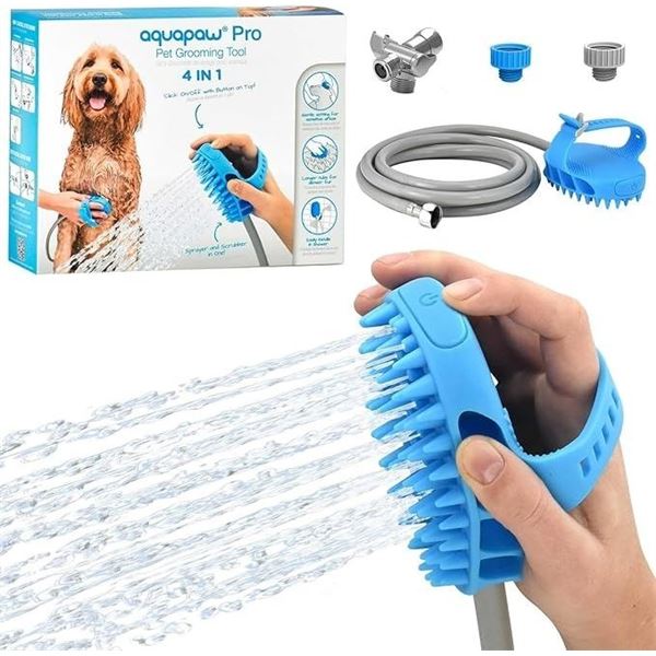 Aquapaw Pro Pet Grooming Tool - Sprayer and Scrubber Tool in One with Hose & Shower Attachment - New