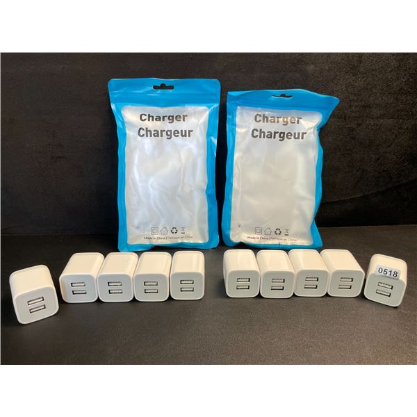 Lot of 10 Dual-USB Port Charging Blocks/Dual-USB Cube Wall Chargers - New
