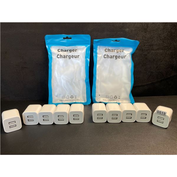 Lot of 10 Dual-USB Port Charging Blocks/Dual-USB Cube Wall Chargers - New
