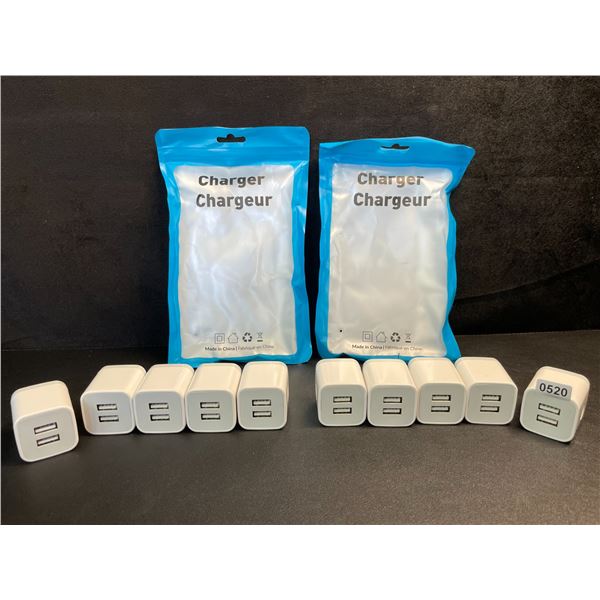 Lot of 10 Dual-USB Port Charging Blocks/Dual-USB Cube Wall Chargers - New