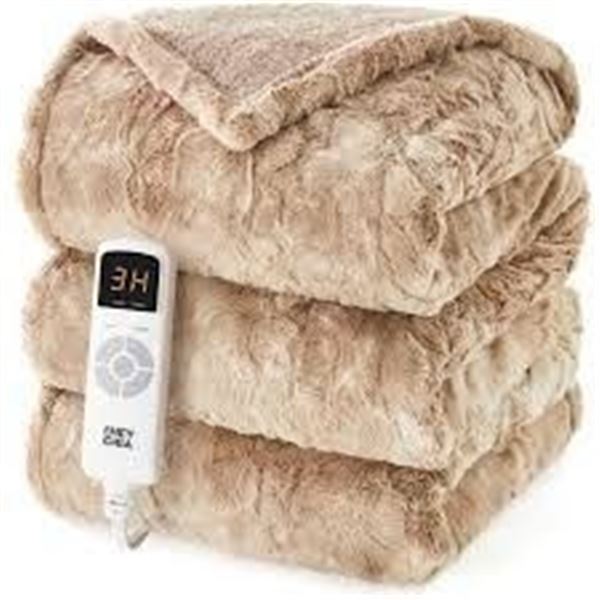 Electric Heated Blanket - Twin Size (62" x 84") 6 Heating Levels; Faux Fur & Sherpa (Camel) - New