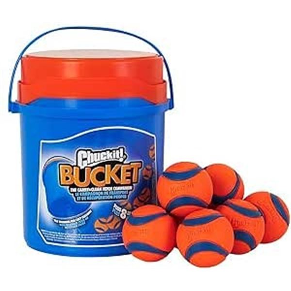 Chuckit! Ultra Ball Fetch Toy for Dogs - 8 Balls with Cleaning Bucket - Medium Size - Brand New!