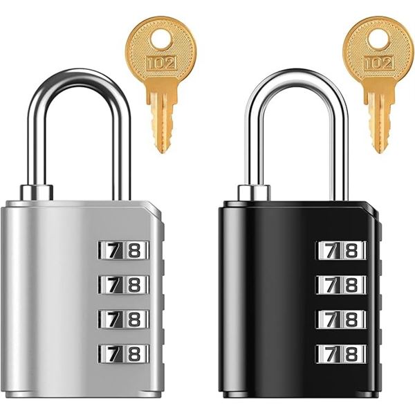 2-Pack Combination Padlocks with Keys; 4-Digit, Waterproof Locks (Black & Silver) - New