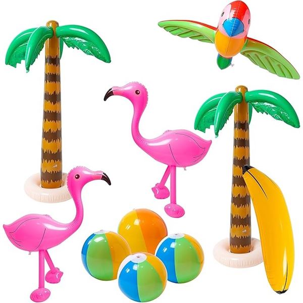 10-Pack Inflatable Tropical Beach Toys/Pool Party Decor (Flamingo, Palm Tree, Beach Balls, etc.) New