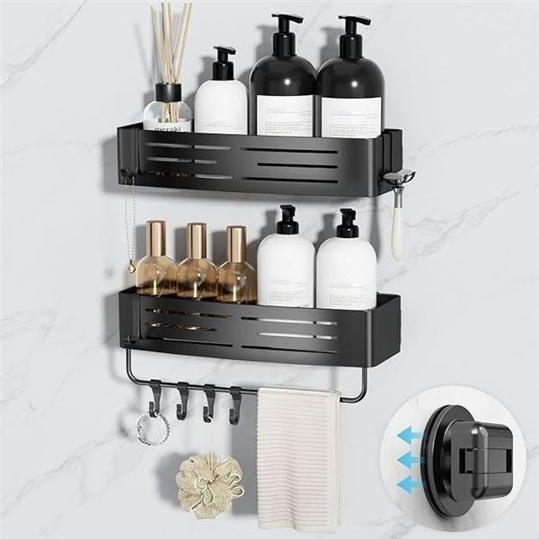 2-Pack Suction Cup Bathroom Caddy/Shelf Organizer for Bathroom/Shower with Towel Bar (Black) - New