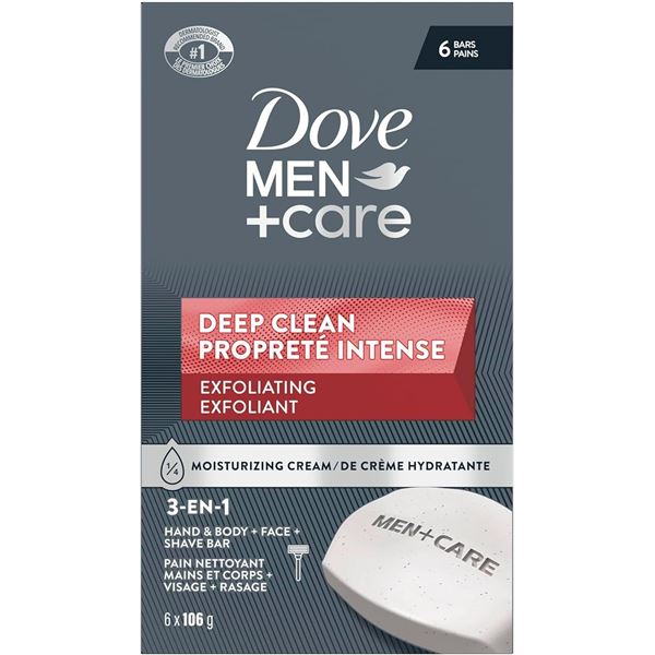 6-Pack Dove Men+Care Deep Clean Exfoliating Soap; 3-in-1 Hand, Body, & Face Exfoliation Bars - New