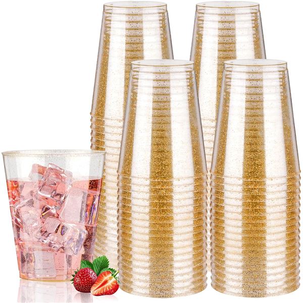 100-Pack Gold Glitter Plastic Cups (10oz) Disposable Fancy Glitter Cups/Party Cups - New