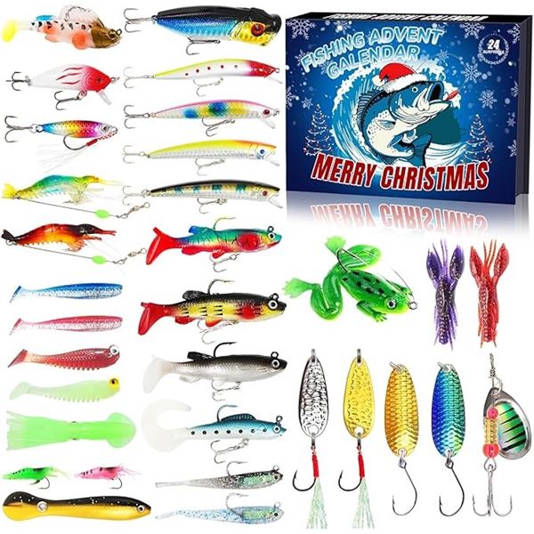 Fishing Advent Calendar - 24 Days of Fishing-Lure/Fishing-Themed Surprises! New Sealed