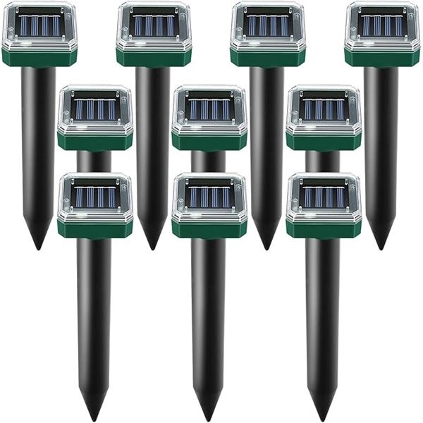 10-Pack Outdoor Ultrasonic Mole/Pest Repellents; Solar-Powered, Waterproof, for Lawns/Gardens - New