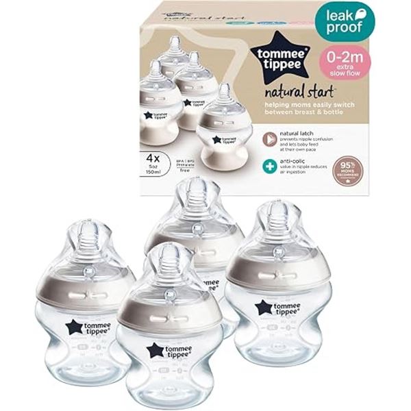 4-Pack Tommee Tippee Natural Start Baby Bottles (4x 5oz/150ml Bottles) - New (Damaged Box)