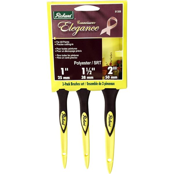3-Pack Richard Elegance Paint Brushes (1",1.5". & 2" Brushes) For All Paints - New