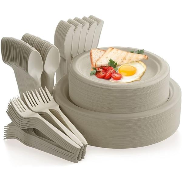 250PC Disposable Paper Plate/Cutlery Dinnerware Set - Includes Plates, Forks, Knives, Spoons - NEW