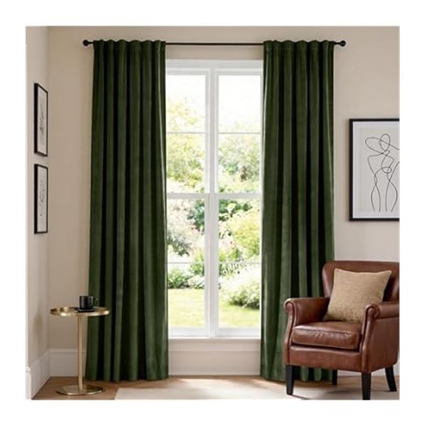 Yates Home Green Velvet 84" Blackout Curtains (2-Panels) Room Darkening Soft/Luxury Drapes - New