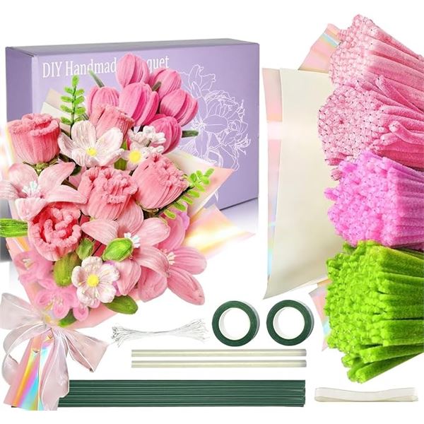 400PC DIY Pipe-Cleaner Flowers/Handmade Bouquet Crafting Kit - Pink Flower Making Kit - New!