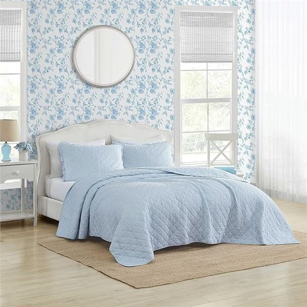 Laura Ashley 3PC Queen Size Quilt Set/Bedspread Set - Oxford Stripe Blue; 90" x 90" - NEW SEALED!