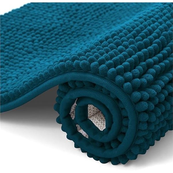 Extra Soft/Non-Slip Chenille Bath Mat (Peacock Blue) 16" x 24" Super Absorbent Fluffy Bath Mat - New