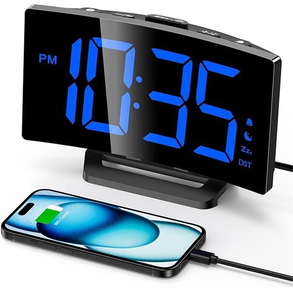 Lot of 2 Electronic/Digital Alarm Clocks; Blue LED Display, Curved Design, 3 Alarm Tones - New