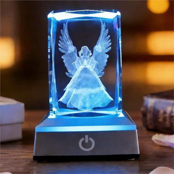 3D Laser-Etched Guardian Angel Crystal Figurine with Night Light Stand Base - New