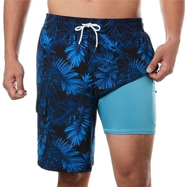 Brisira Men's Quick-Dry Swim Shorts/Swim Trunks (XS) Blue Tropical Design - New