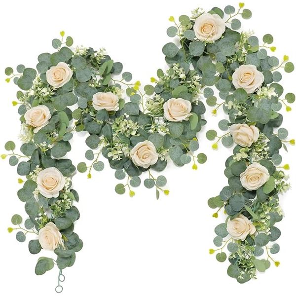 2-Pack (13FT) Artificial Eucalyptus Flower Garland/Greenery with Champagne Rose Flowers - New
