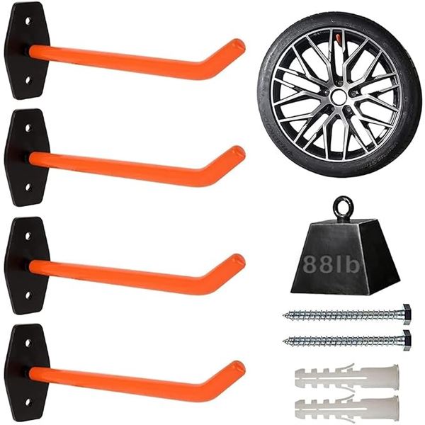 4-Pack of 10" Long Garage Hooks/Heavy-Duty Wall Hooks - Great for Tires, Tools, Bikes, etc. NEW
