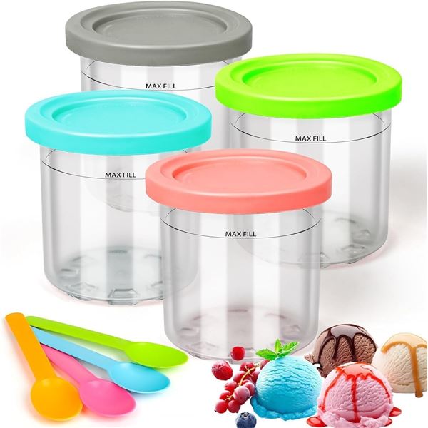 .4-Pack of Ice Cream Storage Containers with Lids and Spoons; Compatible w/ Ninja Creami - New
