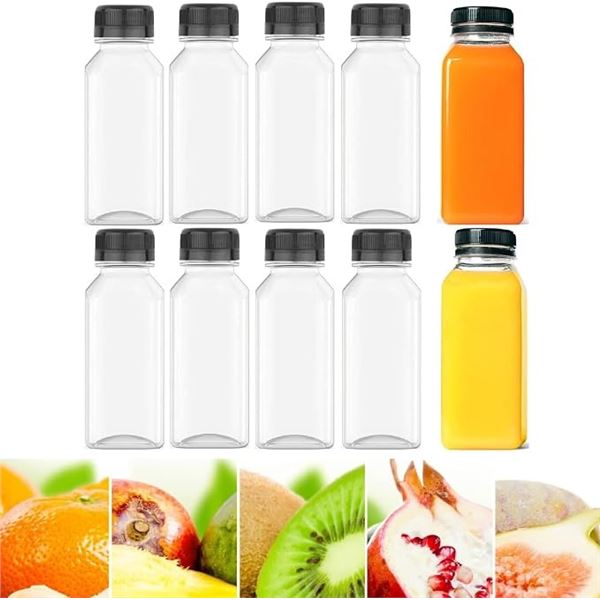 10-Pack Plastic Juice Bottles/Reusable Drink/Juice Containers with Lids (8oz) New