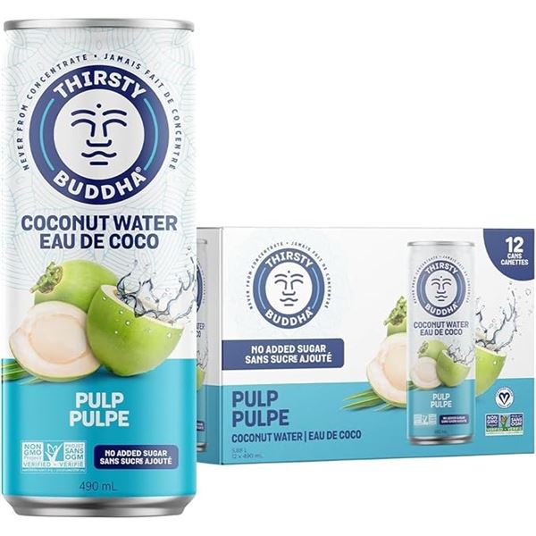 12-Pack Case of Thirsty Buddha Coconut Water (12 x 490ml Cans) with Pulp - New